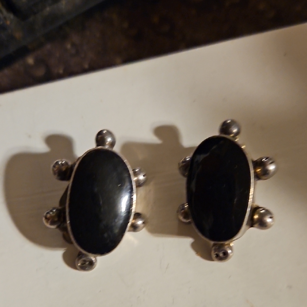 Mexican Turtle Sterling Silver Black Onyx Clip Earrings